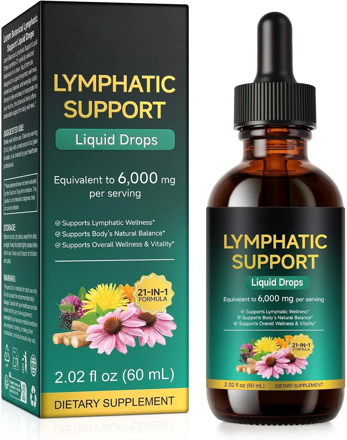 Lymphatic Drainage Drops for Lymphatic Cleanse & Immune Support,Lymphatic Drainage Supplements with Echinacea, Dandelion, Elderberry, Cleavers, Astragalus, Burdock & More Organic Lymphatic Drops 60ml
