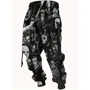 [Horror-Themed Graphic Joggers] Men's Horror-Themed Graphic Joggers - Polyester Sweatpants with Elastic Drawstring Waist - Casual & Sporty, Loose Fit, Long Pants, Non-Transparent, Knit Fabric