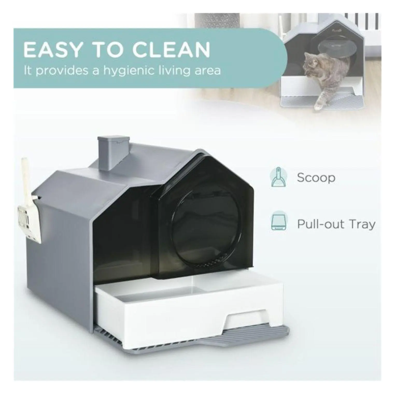 Cat Litter Box Enclosed - Gray Kitten Litter Box with Drawer - Odor Control Cat Potty Training - Includes Litter & Mat - House Design as picture