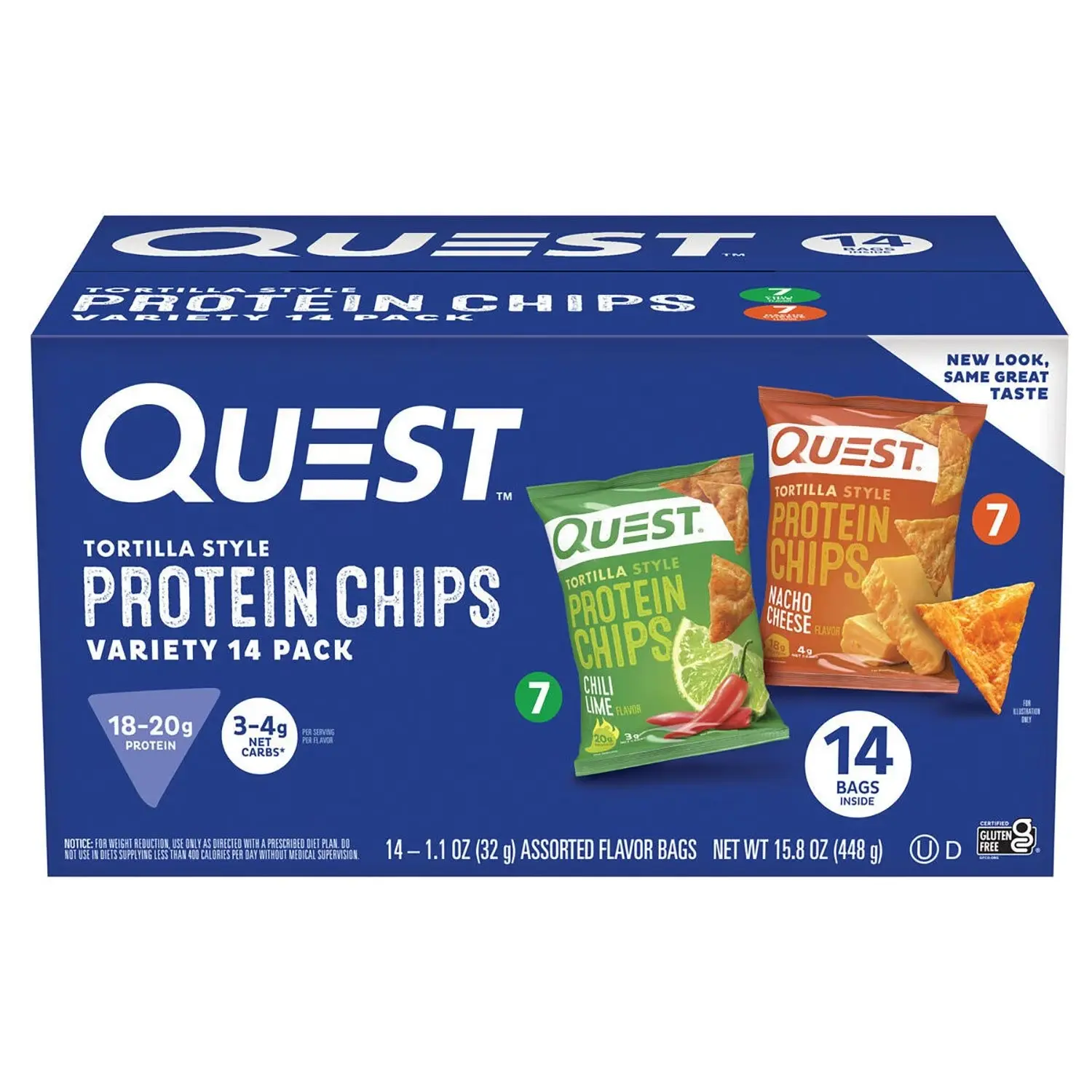 Quest Tortilla Style Protein Chips Variety Pack - Crunchy Crispy Puffed Crisp, 14 Ct (Chili Lime, Nacho Cheese, Chilli Oil Crunch), 18-20g Protein, Gluten-Free Room Temp Snacks for Fitness Diets