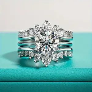 1 S925 Silver 3 Carat Moissanite Engagement Ring Set Pure Silver Fashion Suitable for anniversary Birthdays, Weddings, and Festivals, Unisex 18k Gold Plated