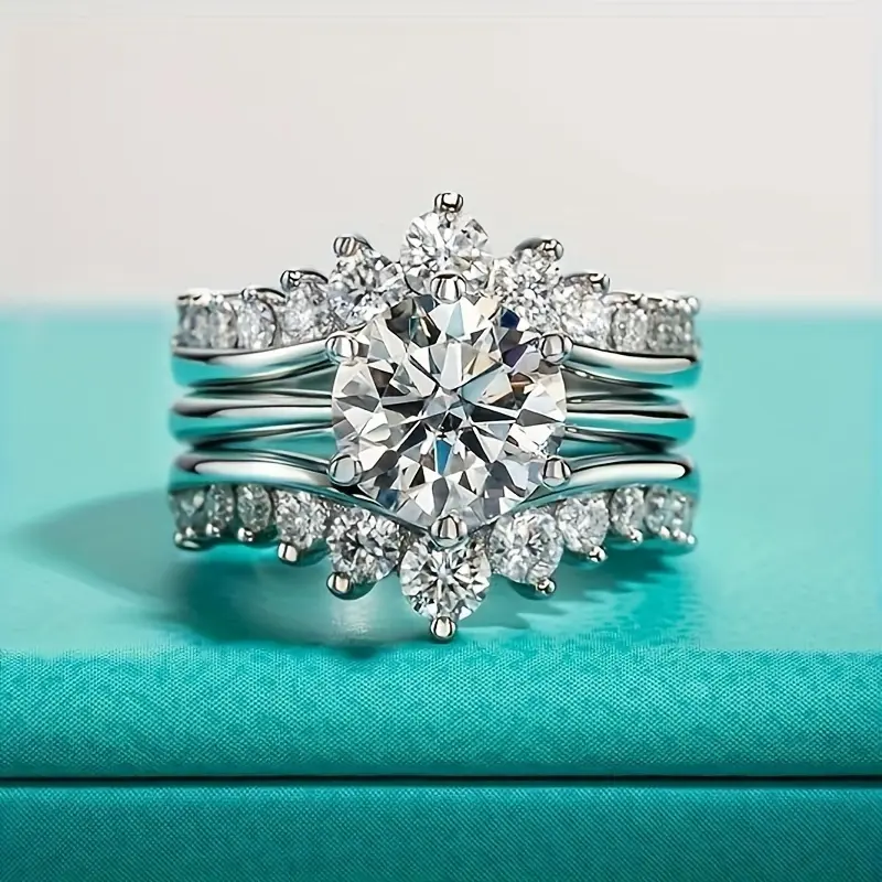 1 S925 Silver 3 Carat Moissanite Engagement Ring Set Pure Silver Fashion Suitable for anniveary Birthdays, Weddings, and Festivals, Unisex 18k Gold Plated