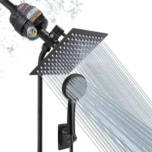Filtered Rain Shower Head, High Pressure 8″Square, 5 Settings Handheld Shower Filter Combo with Self-adhesive Holder/1.5M Hose -1 Replaceable Filter Cartridge (Matte Black)