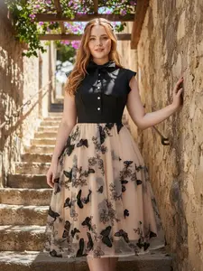[Plus Size] Black 1950s Butterfly Patchwork Vintage Dress with Elegant Bow and Tulle Skirt Knee-Length 100% Polyester Front Buttons Casual Boho Fashion Casual Chic Sleeveless