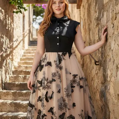black 1950s butterfly patchwork vintage dress 1950s Vintage Retro Swing Butterfly Patchwork Dress