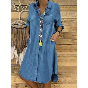 Denim Dress for Women 2026 Casual Loose Long Sleeve Classic Vintage Button Down Jean Shirt Dresses with