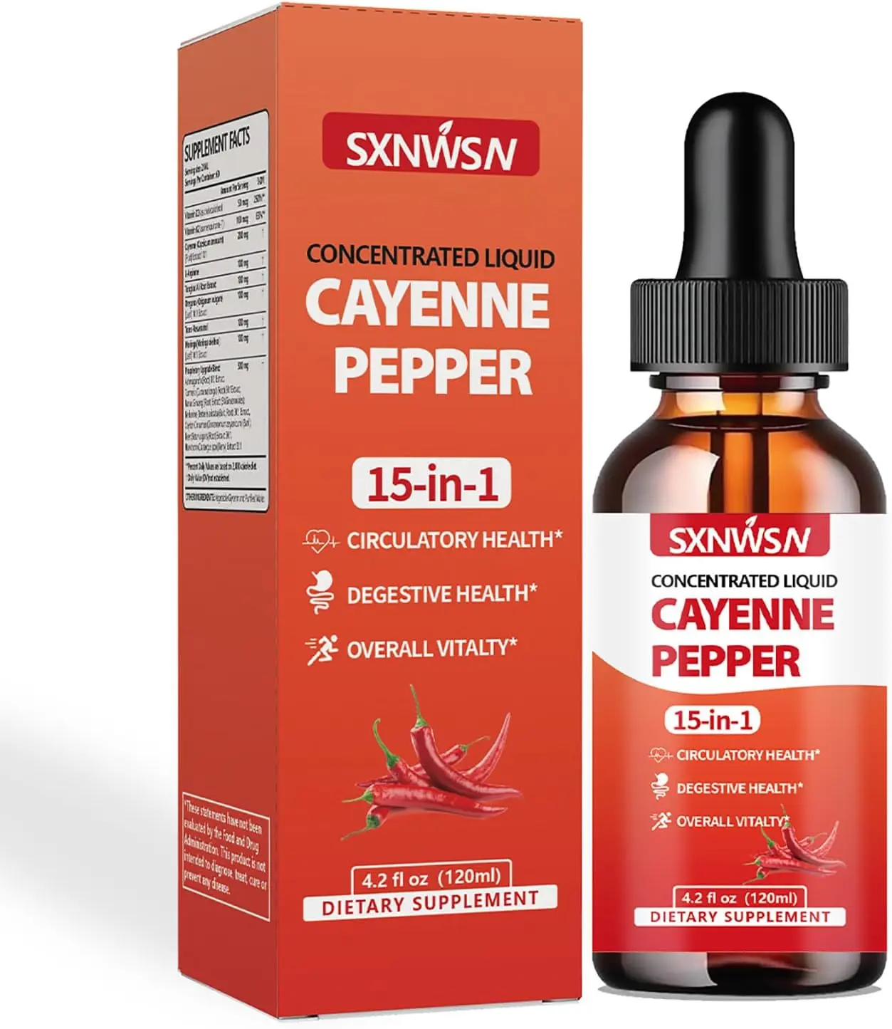 15-in-1 Cayenne Pepper Liquid Drops - Concentrated Formula with Vitamin D3/K2 & Herbal Extracts | 4.2 fl oz for Circulatory Support & Digestive Support​