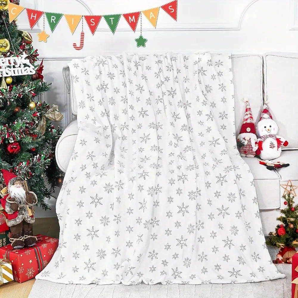 Christmas Throw Blanket Queen Size, Sequin Embroidery Xmas Snowflake Flannel Blanket Holiday Winter Blanket For Kids Adults, White Fluffy Fleece Blanket For Couch Bed, Xmas Decor