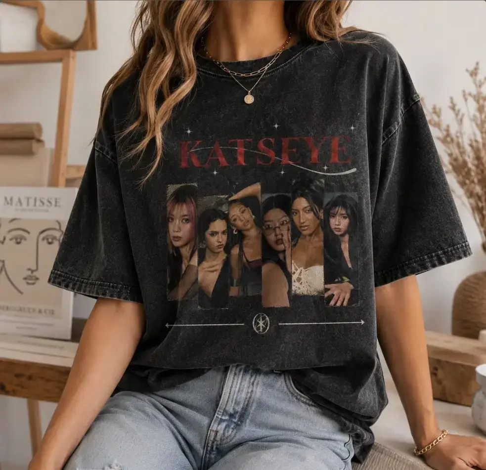 Washed Vintage Katseye Six Panel Shirt, Custom Washed Cotton Tee, Retro Girl Group Music Gift