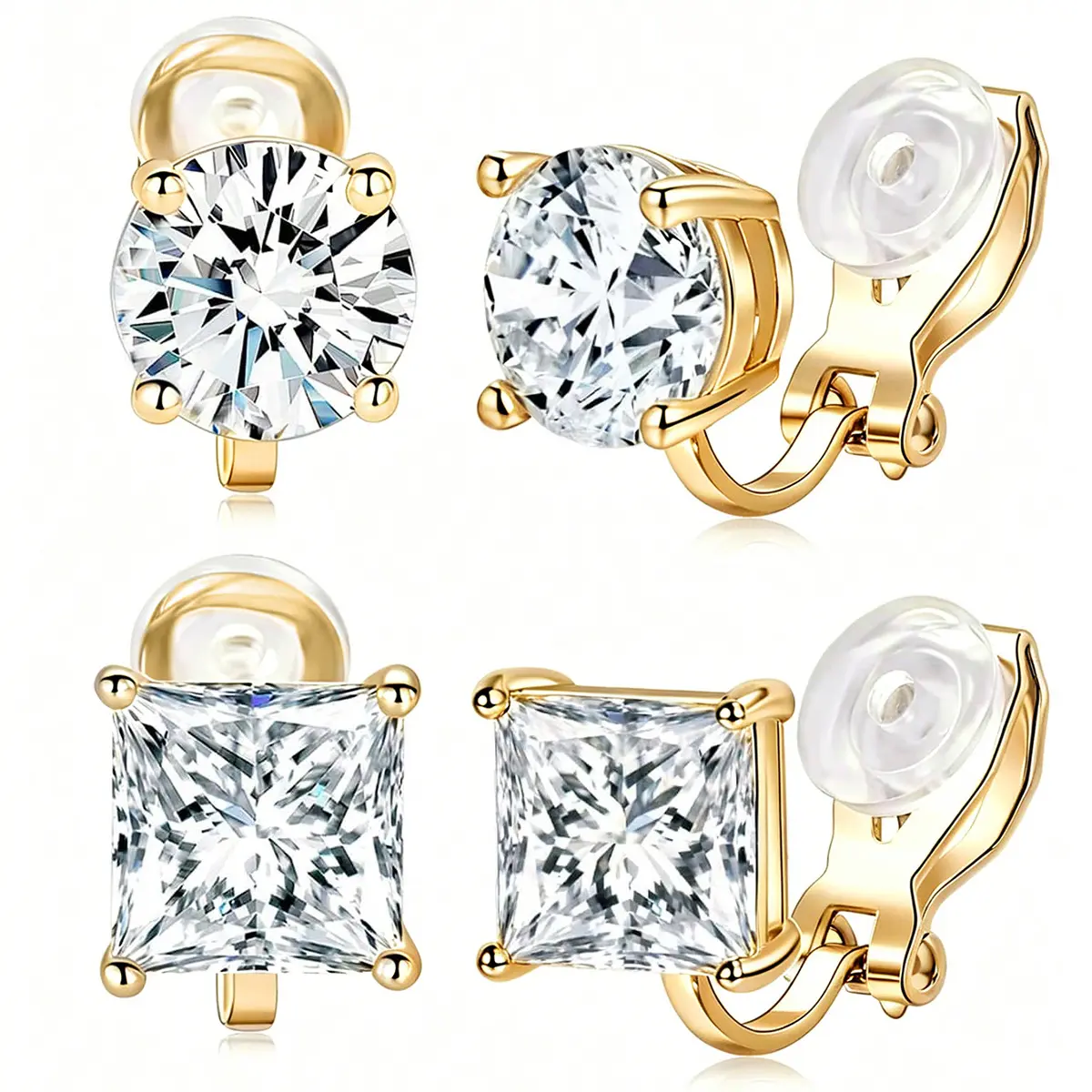 14K Gold Plated Clip On Earrings, No Piercing Round & Square AAAAA+ Cubic Zirconia Ear Clips, Comfortable Non Pierced Stud Earrings for Women Men