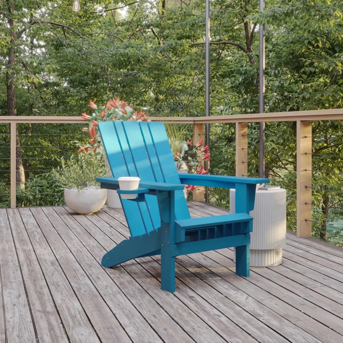Flash Furniture LE-HMP-1045-10-BL-GG Halifax Adirondack Chair with Cup Holder, Weather Resistant HDPE Adirondack Chair in Blue
