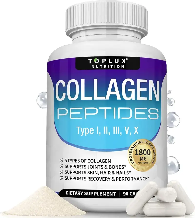 Toplux 1800mg Multi Collagen Peptides Pills 5 Types I II III V X Hydrolyzed Collagen Complex, Youthful Skin Thick Hair Strong Nails Joint Support Anti Aging Supplement for Men Women, 90 Capsules Collagen Peptides Multi Collagen Dietary Fitness Bathroom