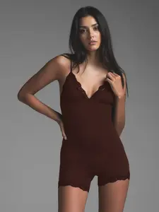Women's Minimalist Lace Series Solid Color Spaghetti Strap Slim Stretch Playsuit Bodysuit