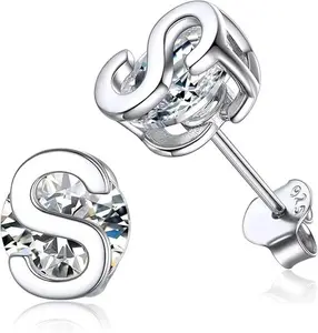 ChicSilver S925 Initial Letter Dainty Minimalist Hypoallergenic 925 Sterling Silver Cubic Zirconia Stud Earrings for Women Men
