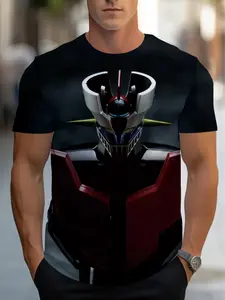 Plus Size Men's 3D Robot Graphic T-Shirt - Red & Black Full-Body Print, Lightweight Polyester, Regular Fit Short Sleeve Round Neck for Casual & Party Wear, Casual Street Fashion, Machine Washable, Durable Fabric, Breathable Material