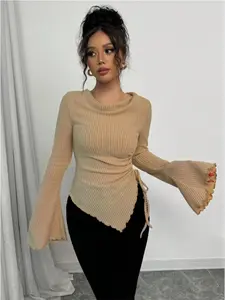 Fashion Elegant Casual Comfortable Adjustable Drawstring Women's T-Shirt, Stylish Ladies Top for Daily Wear, Perfect for All Seasons