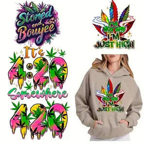 6 Pack 420 Heat Transfer Vinyl Stickers with Vibrant Leaf and Dripping Text Design Iron on Decals for DIY Sewing Knitting Embroidery Crafts Mixed Color Bold Graphic Patches Easy Application