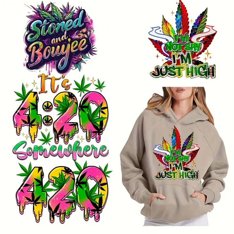 6 Pack 420 Heat Transfer Vinyl Stickers with Vibrant Leaf and Dripping Text Design Iron on Decals for DIY Sewing Knitting Embroidery Crafts DIY Craft Supplies DIY Decoration Mixed Color Bold Graphic Patches Easy Application