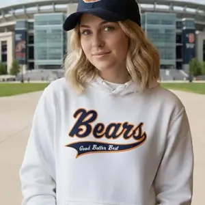 Bears Good Better Best College Unisex Hoodie - White with Navy Blue Logo and Hood