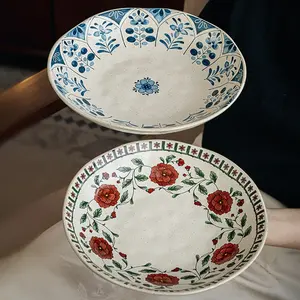 Vintage Hand-Painted Ceramic Plate 9.5 Inch, Home Use Salad Bowl Soup Dish, Microwave & Dishwasher Safe, Durable Kitchenware