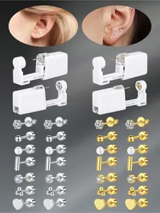 3 Pcs/Set Funky Stainless Steel Cubic Zirconia Heart Faux Pearl Flat Back Earrings With Ear Piercing Gun Self Ear Piercing  At Home Self Ear Piercing Gun Kit, For Daily Decoration