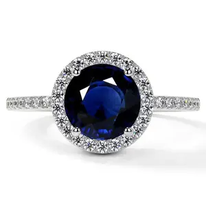 Classic Round Blue Sapphire Halo Ring with Prong Set Diamonds (2.61cttw)- RBS001-8X8-AA