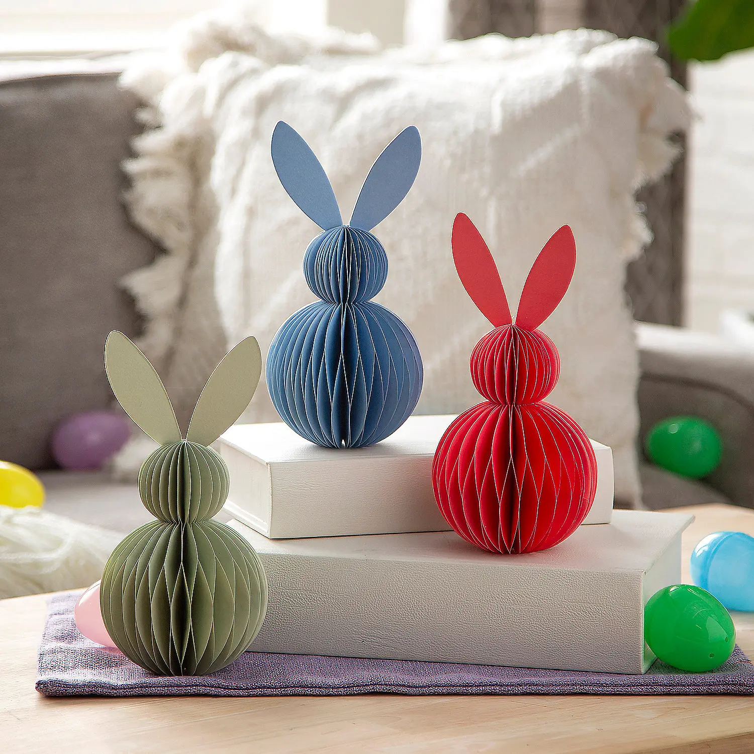 Pastel Easter Honeycomb Bunny Centerpiece Set - 3 Pcs Tissue Paper Party Decor, 2"x8.5" Lightweight Multicolor Coffee Table Decor