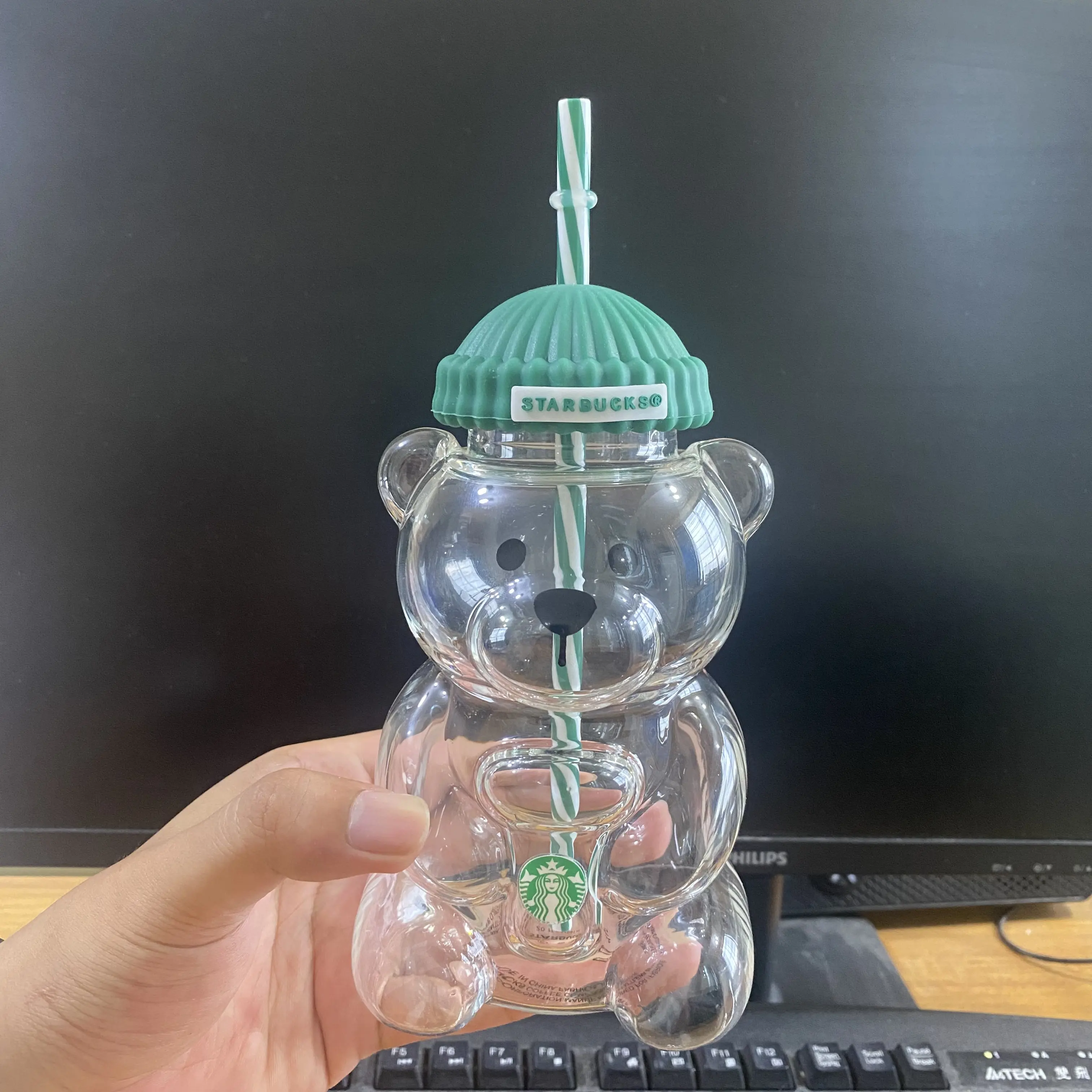Viral TikTok Starbucks Bearista Clear Glass Tumbler, Green Silicone Beanie Lid, Matching Green White Striped Straw, 20oz Kawaii Teddy Bear Shaped Cold Coffee Cup, Aesthetic Collectible Drinkware For Iced Latte Smoothie, Perfect Gift For Coffee Lovers