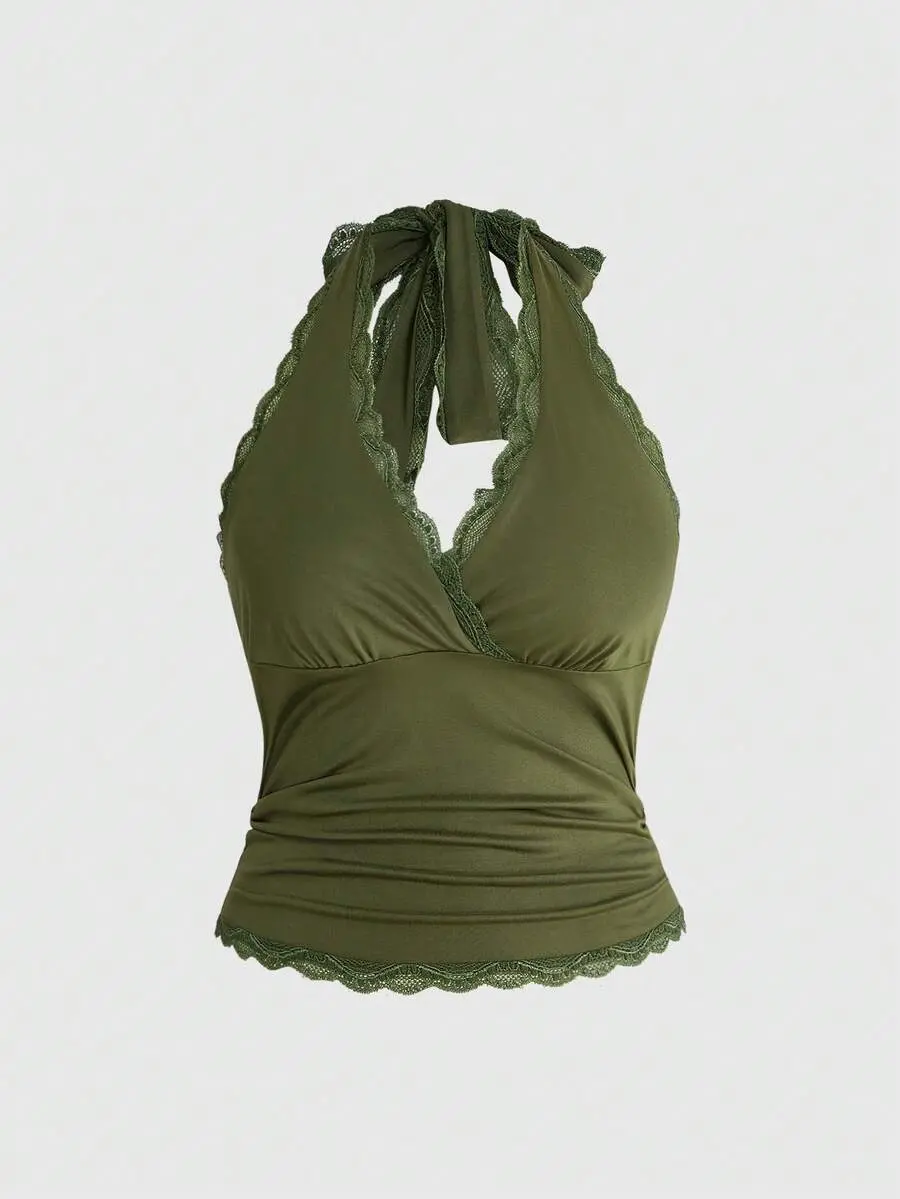 Grunge Punk Y2K Lace Plus Size Halter Neck Camisole For Women
