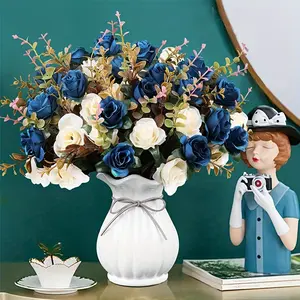 Deep Blue Artificial Rose Bouquet, Small Plastic Decorative Flowers with Realistic Appearance for Home Hotel Wedding Christmas Office Desk Decoration Ornaments