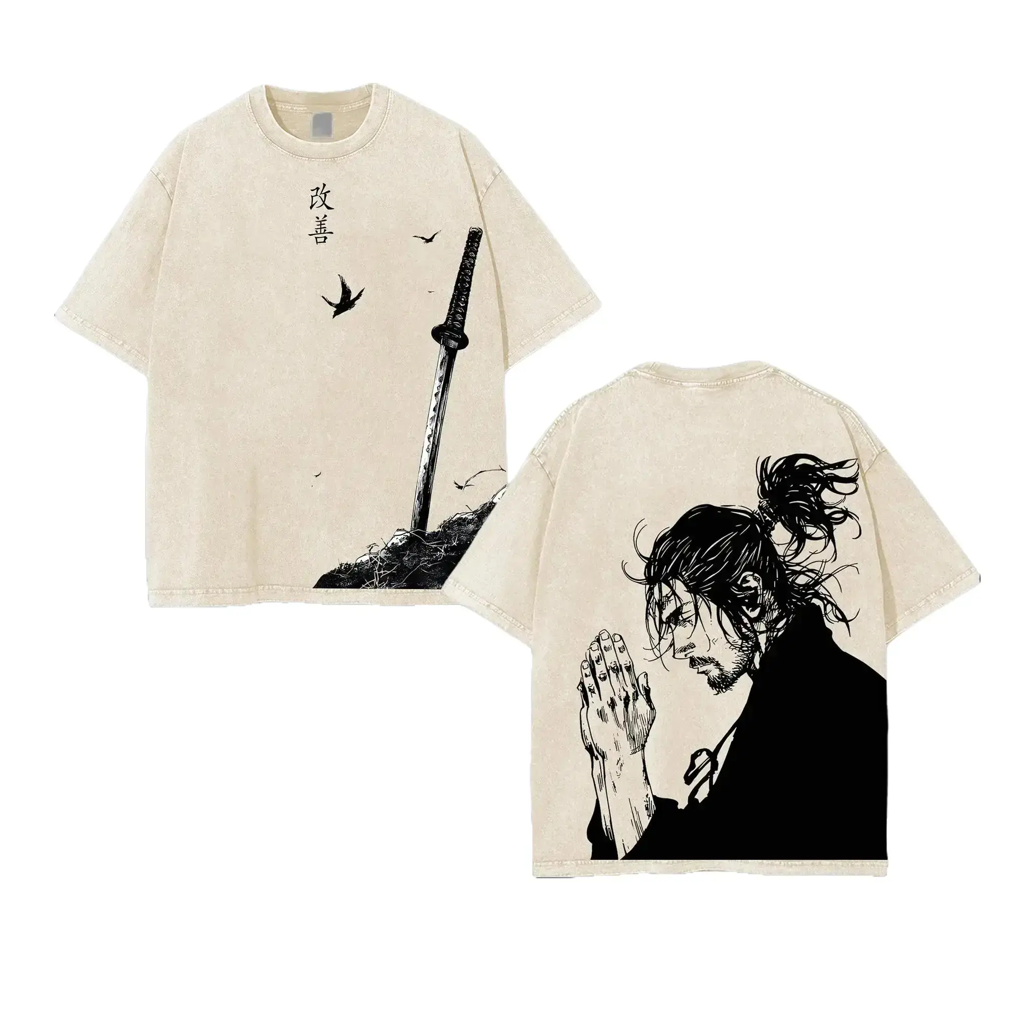 Vagabond Life Tee, Miyamoto Musashi 90s Manga, Men's Short Sleeve T-Shirt Unisex Oversize Anime Manga Washed Heavyweight Cotton T-shirt, Gift For Anime Fan, Anime Lover Classic