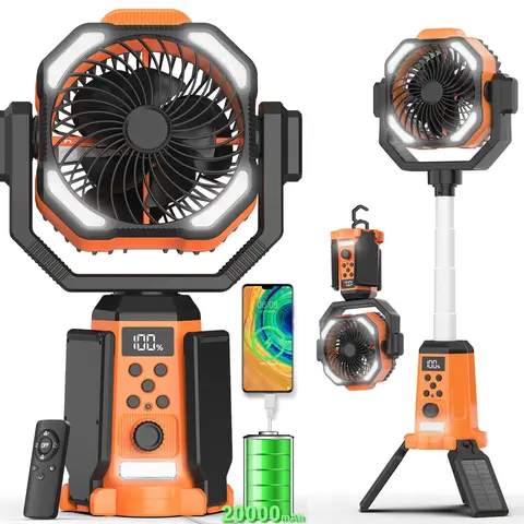 Solar Camping Fan - 10W 20000mAh Collapsible Adjustable Portable Fan, 3in1 Lighting, Battery Powered, Built-in & Solar Panel Recharge, Timer, USB Port, 360° Rotatable, Height Adjustable, USB Charger, Cool Gadgets for Camping, Picnic