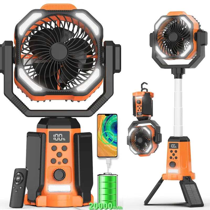 Solar Camping Fan - 10W 20000mAh Collapsible Adjustable Portable Fan, 3in1 Lighting, Battery Powered, Built-in & Solar Panel Recharge, Timer, USB Port, 360° Rotatable, Height Adjustable, USB Charger, Cool Gadgets for Camping, Picnic