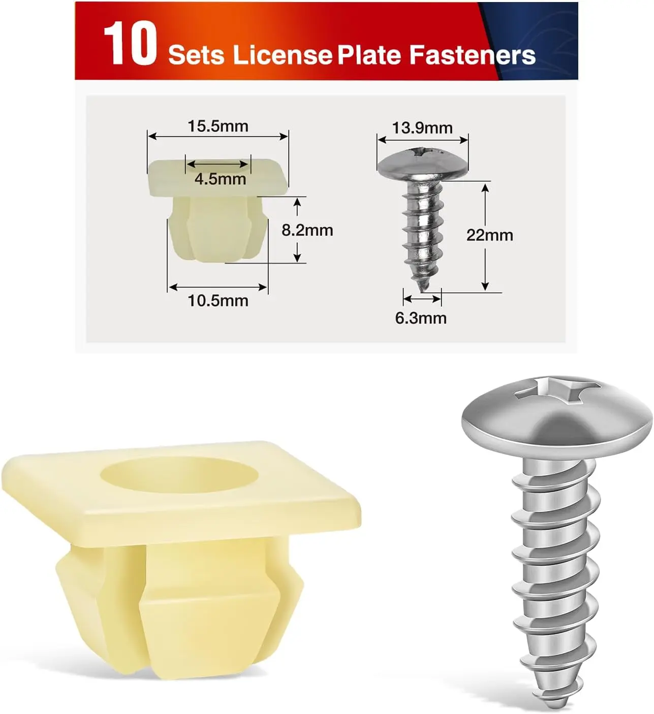 Nilight Stainless Steel License Plate Screw Kit - 10 Pieces Automotive Vehicle Hardware with 10 Nylon Screw Inserts, 13.9 mm Quick-Install Car Accessories (3907444 15614745 4755299)