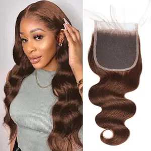 Brown Closure Human Hair 4# Chocolate Brown Lace Front Closure Body Wave Transparent Lace 4 By 4 Pre Plucked Free Part 100% Unprocessed Brazilian Virgin Human Hair