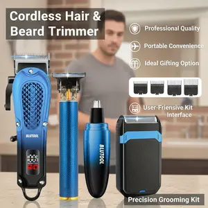 BLUTOOL Professional Cordless Hair Clipper Set for Men with LED Display & USB Charging Blue Beard Trimmer Kit Ideal Gift for Fathers Husbands Sons