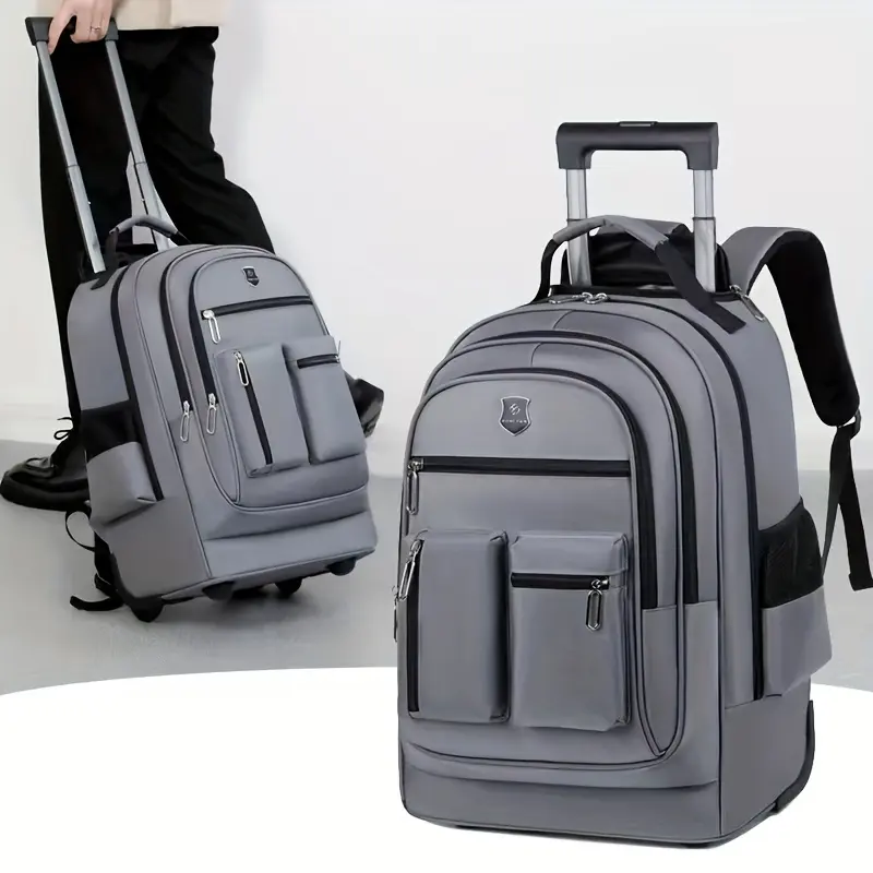Trolley Travel Backpack With Wheels, Large Capacity Outdoor Hiking Camping Rucksack, Portable Weekender Overnight Schoolbag