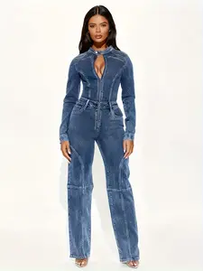 25AW women's fashionable chic denim Long Sleeve jumpsuit fashion item slimming elastic jumpsuit washed denim Elegant Womenswear