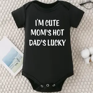 Adorable 'I'm Cute, Mom's Hot, Dad's Lucky' Printed Baby Bodysuit - Soft Cotton, Short-Sleeve, Round Neck, Machine Washable, Perfect for Spring/Summer