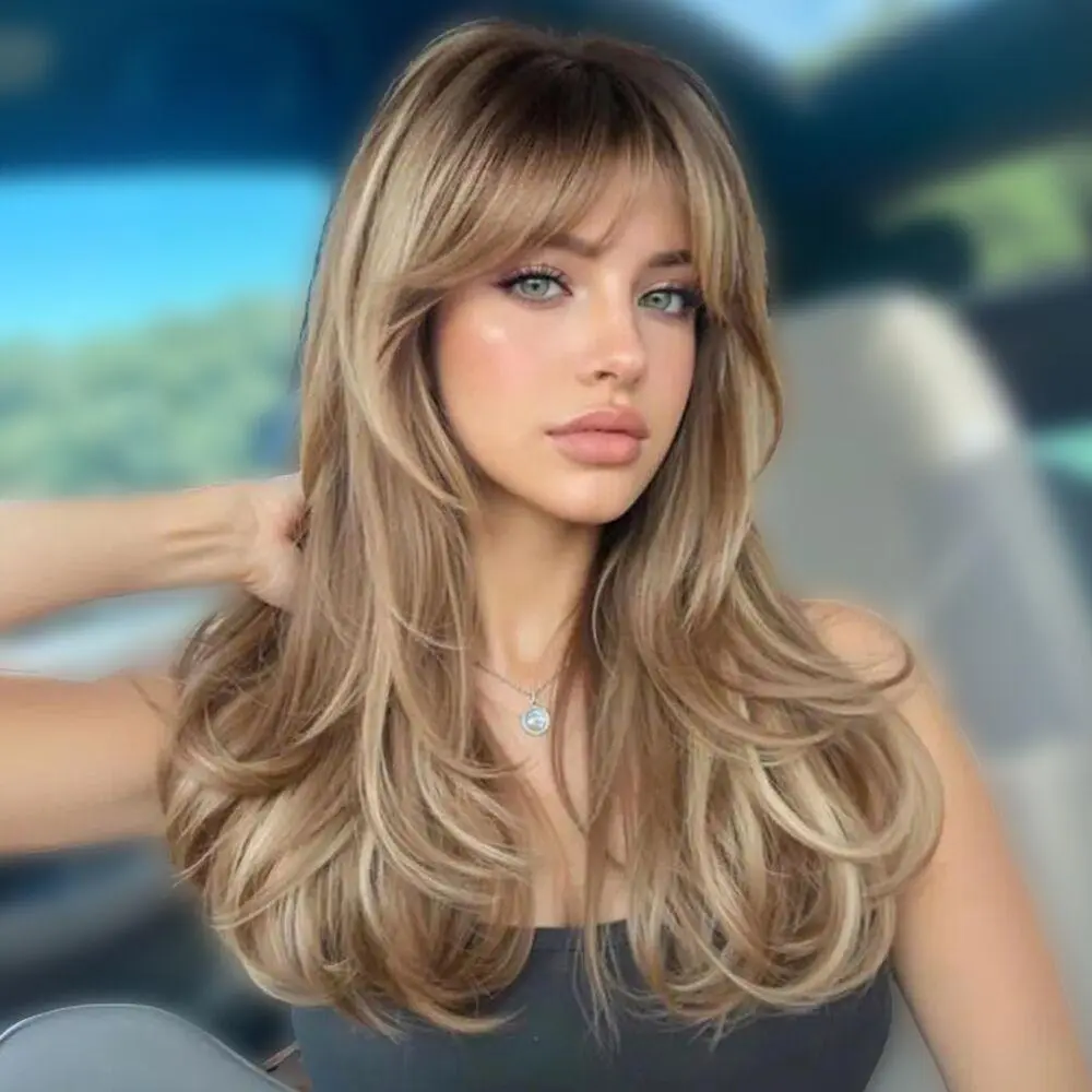 Jessie's Wig [Alba] Minimalist Lace Brown Ombre With Blonde Wavy Layered Wig With Curtain Bangs Dark Roots Wigs For Women  #SummerWins #DealsForYouDays