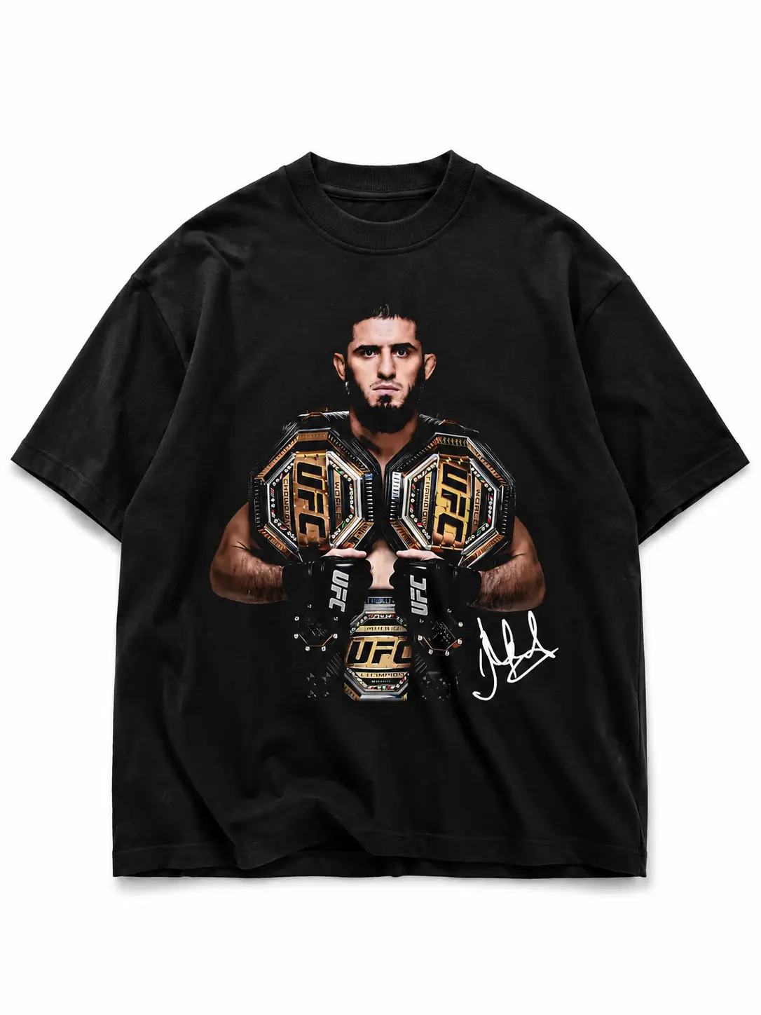 Men's Graphic T-Shirt, Islam Makhachev 2-Division Champion Print, Casual Loose Fit Short Sleeve MMA Top, Shortsleeve, Tshirt, Menswear, Baggy, Minimalist