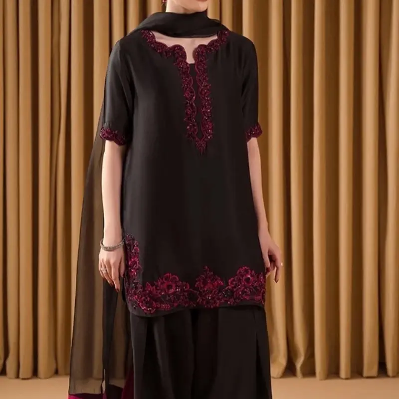 Black and Pink Farsi Salwar for Indian and Pakistani Ladies with Red Embroidery and Floral Design