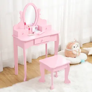 Girls' Vanity Set with Stool, Makeup Table with Mirror for Kids, Wood Dressup Playset for 4-9 Years Old