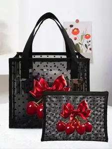 Black transparent mesh double-handled tote bag, with red bow and cherry pattern, heart-shaped mesh pocket with an additional storage bag, travel portable bag, skincare product storage bag, travel, Strawberry Themed Bag