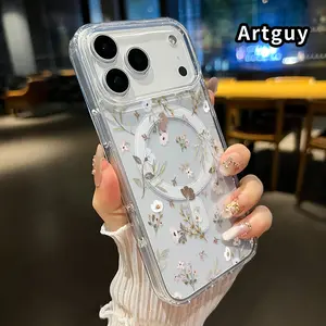 Magnetic Phone Case Supports Wireless Charging for iPhone 17 16  Pro Max Plus 15 14 13 12 11 Air E Floral Whisper Canvas Pattern Anti-Yellowing Shockproof durable ultra-thin Crystal Transparent Acrylic Large Hole Cover