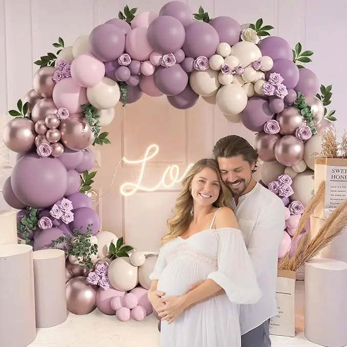 130-Piece Pink & Purple Balloon Garland Arch Kit, Including Dusty Purple, Light Pink, Sand White, Metallic Rose Gold Balloons for Birthday, Wedding Decorations