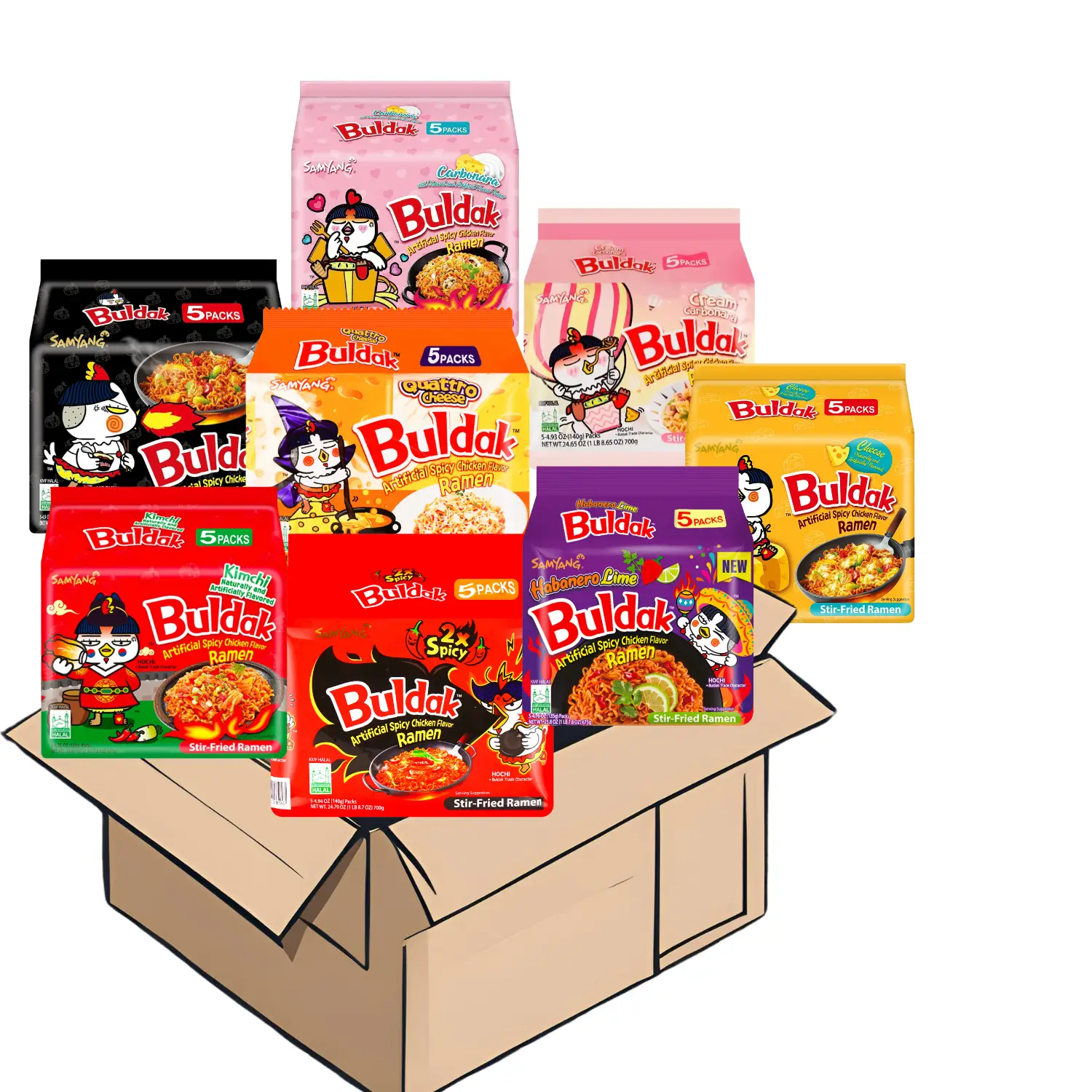 Hot Samyang Korean Buldak Noodles Carbonara Stir-Fried Ramen Hot Chicken Flavor Instant Food 5 Packs * 4.58oz