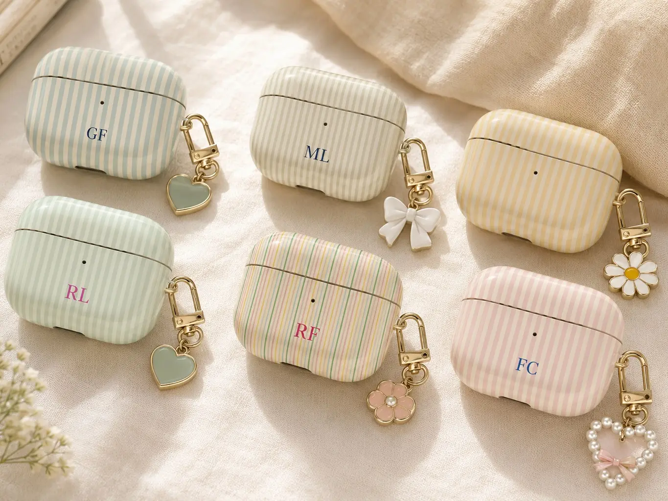 NO KEYCHAIN INCLUDED Personalized Pastel Striped AirPods Gen 1 2 3 4 Pro Case, Custom Initial Earbuds Cover, Cute Preppy Protective Case gift, Cute Accessories
