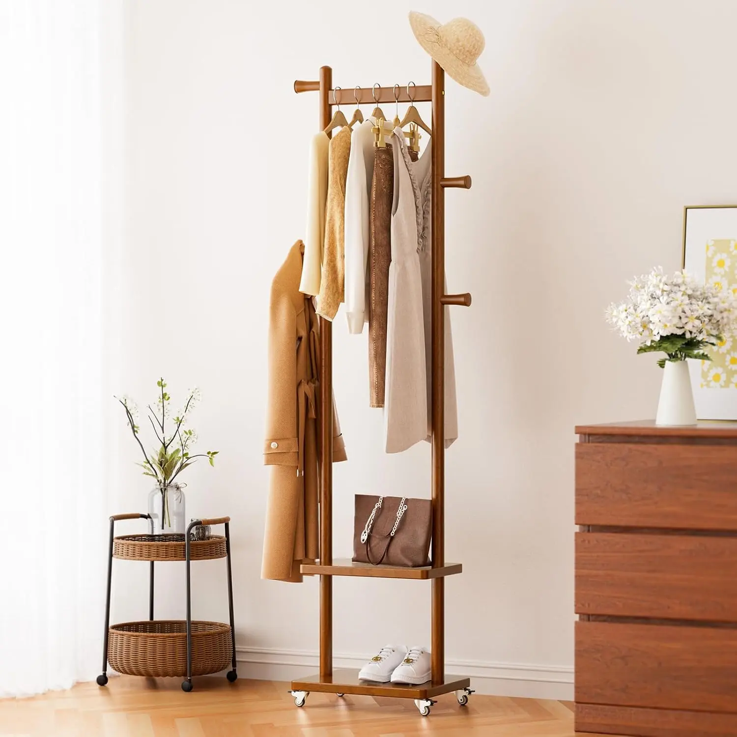 Sturdy Solid Wood Coat Rack with Wheels, Heavy-Duty Storage Stand with 2 Shelves and 5 Hooks for Women's Entryway, Bedroom, Two Shelves