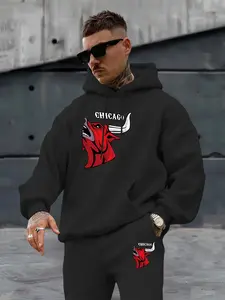 Chicago Bulls Print Men's Hooded Sweatshirt Set, Fleece Lined, Kangaroo Pocket, Drawstring Pants, Casual Fall & Winter Fashion, Long Sleeve